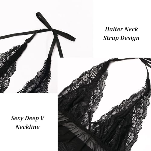 Women Sexy Babydoll Lingerie Halter Neck Deep V-Cut Sheer Mesh Teddy Dress with G-String Backless Sleepwear - Image 5