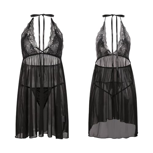 Women Sexy Babydoll Lingerie Halter Neck Deep V-Cut Sheer Mesh Teddy Dress with G-String Backless Sleepwear - Image 8