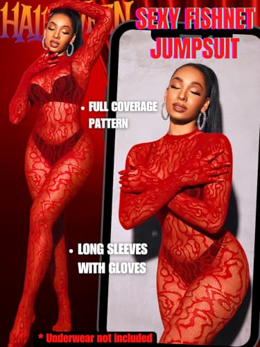 Alternative view of Women Sexy Fishnet Full Bodysuit, Mesh Lace Poster Jumpsuit Glow Party Rave Outfits, Body Stockings Halloween Costume