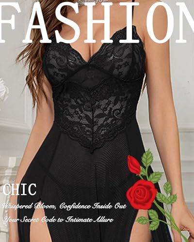Women Sexy Lingerie Lace Floral Sheer Chemise Split Mesh Babydoll Deep V Nightwear Long Dress with Thong - Image 3