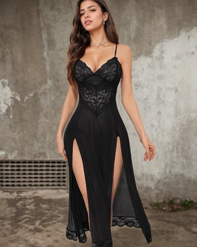 Women Sexy Lingerie Lace Floral Sheer Chemise Split Mesh Babydoll Deep V Nightwear Long Dress with Thong - Image 4