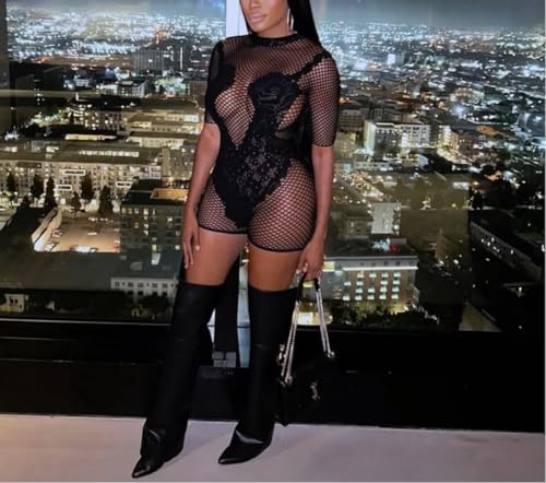 Women Sexy Mesh Hollow Jumpsuit Club Rave Party Summer Bodysuit Lace Short Romper - Image 4