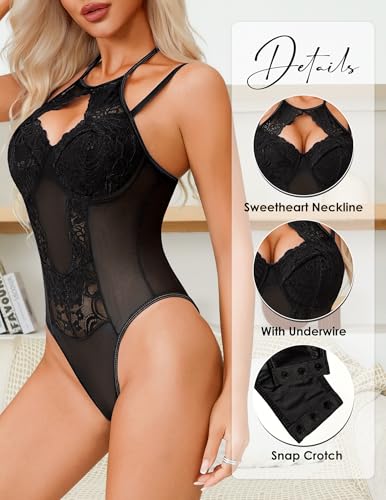 Women Teddy Lingerie Sexy Snap Crotch Lace Bodysuit Halter One Piece Lingerie Top with Underwire Push Up Bra - Image 3