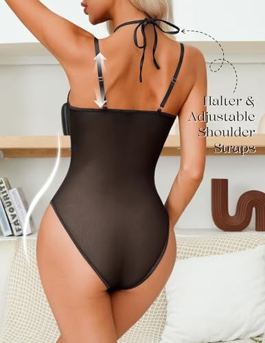 Women Teddy Lingerie Sexy Snap Crotch Lace Bodysuit Halter One Piece Lingerie Top with Underwire Push Up Bra - Image 4