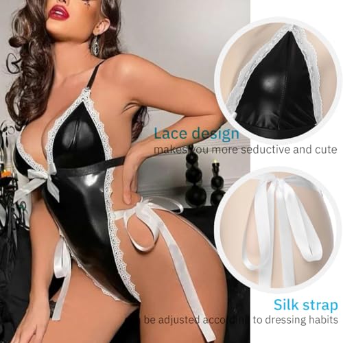 Women Wet Look Lingerie Corset Set Lace Bodysuit Faux Leather Leotard Teddy One Piece High Cut Thong Club Latex Costume Halloween for Women Sexy Naughty Outfit Clothing - Image 5