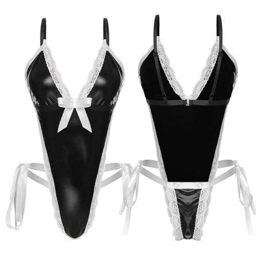 Women Wet Look Lingerie Corset Set Lace Bodysuit Faux Leather Leotard Teddy One Piece High Cut Thong Club Latex Costume Halloween for Women Sexy Naughty Outfit Clothing - Image 7