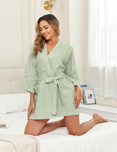 Womens 100% Linen Kimono Robes Soft Lightweight Short Bathrobe Sleepwear Pajamas Nightgowns Loungewear with Pockets - Image 6