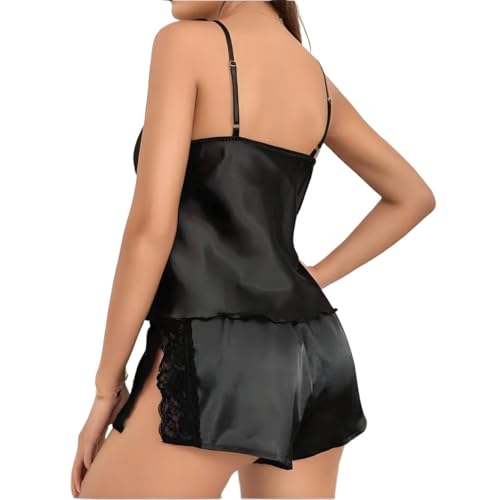 Women's 2 Piece Satin Pajama Set Adjustable Spaghetti Strap PJ Set Cami Top and Shorts Lace Ruffled Sleepwear Set - Image 3