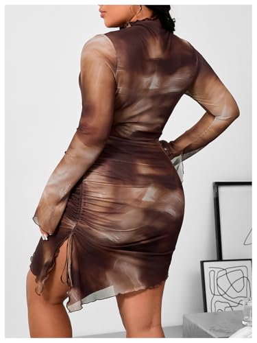 Women's 2025 Plus Size Bodycon Dresses Long Bell Sleeve Fall Dress Mesh Sheer Ruched Party Club Mini Dresses - Image 3