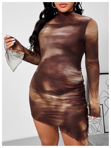 Women's 2025 Plus Size Bodycon Dresses Long Bell Sleeve Fall Dress Mesh Sheer Ruched Party Club Mini Dresses - Image 6