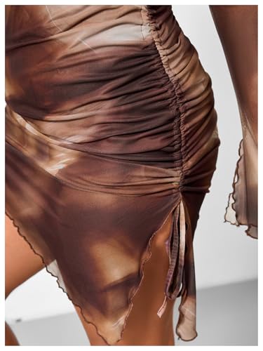 Women's 2025 Plus Size Bodycon Dresses Long Bell Sleeve Fall Dress Mesh Sheer Ruched Party Club Mini Dresses - Image 7