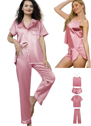 Alternative view of Womens 4Pcs Satin Pajama Sets Silk Pajamas Set Sexy Cami Lingerie Sleepwear Silky Pj Nightwear Pjs Loungewear