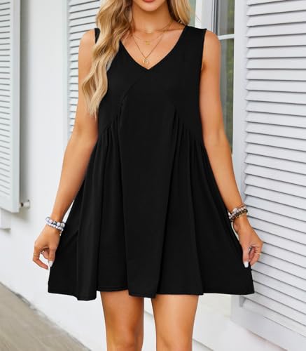 Womens Babydoll Dress Summer Sleeveless Mini Dress Casual Loose V Neck Swing Flowy Beach Sundresses with Pockets - Image 3