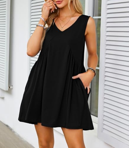 Womens Babydoll Dress Summer Sleeveless Mini Dress Casual Loose V Neck Swing Flowy Beach Sundresses with Pockets - Image 4
