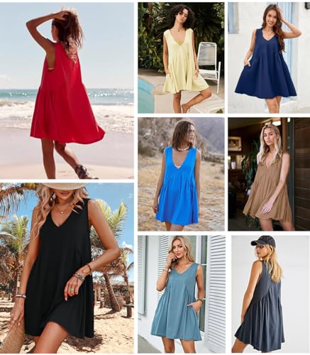 Womens Babydoll Dress Summer Sleeveless Mini Dress Casual Loose V Neck Swing Flowy Beach Sundresses with Pockets - Image 6