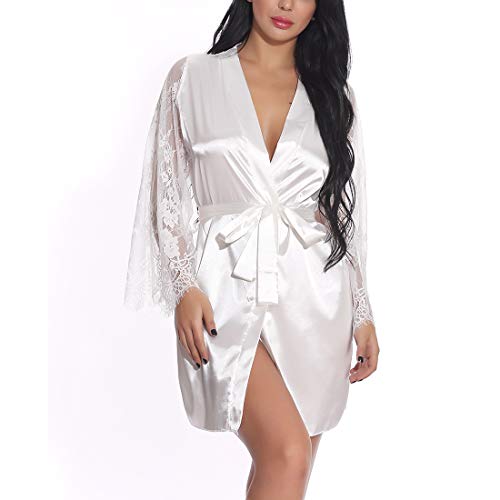 Women's Bride Robe with Lace Sleeves Short Satin Bridesmaid Kimono Robes for Wedding Party - Image 3