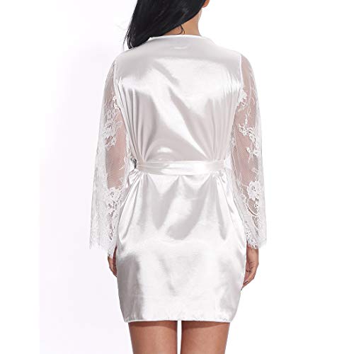 Women's Bride Robe with Lace Sleeves Short Satin Bridesmaid Kimono Robes for Wedding Party - Image 5