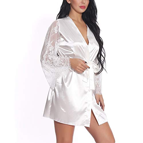 Women's Bride Robe with Lace Sleeves Short Satin Bridesmaid Kimono Robes for Wedding Party - Image 7