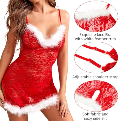 Womens Christmas Sexy Lingerie Set,Teddy Floral Lace Underwear,Sling Chemise Babydoll Sleepwear with G-String - Image 3