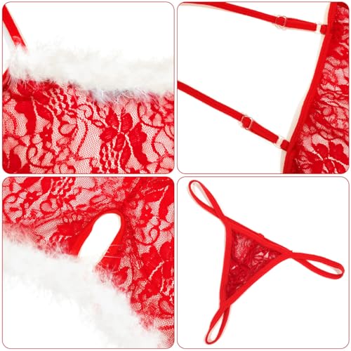 Womens Christmas Sexy Lingerie Set,Teddy Floral Lace Underwear,Sling Chemise Babydoll Sleepwear with G-String - Image 5