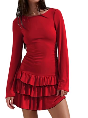 Women’s Crew Neck Ruffle Hem Mini Dress Long Sleeve Bodycon Party Short Dresses - Image 3