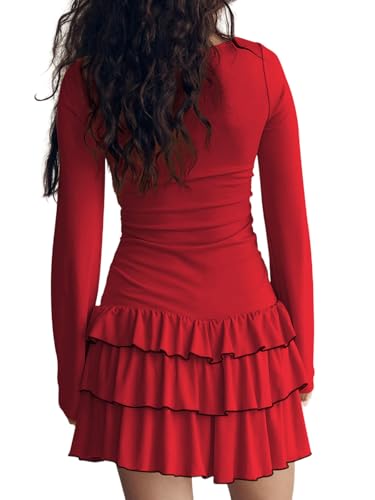 Women’s Crew Neck Ruffle Hem Mini Dress Long Sleeve Bodycon Party Short Dresses - Image 4