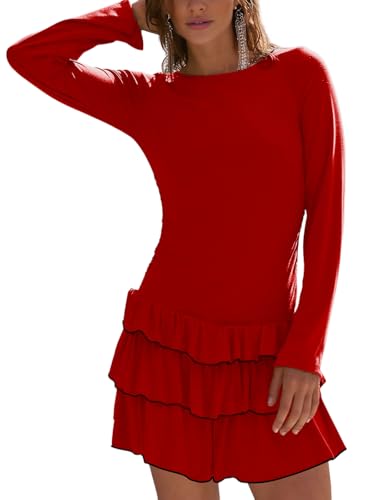 Women’s Crew Neck Ruffle Hem Mini Dress Long Sleeve Bodycon Party Short Dresses - Image 6