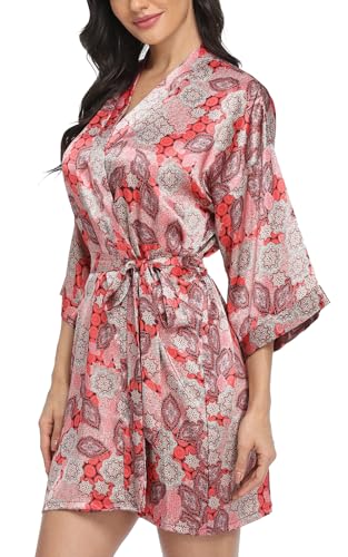Women's Floral Satin Robes Bride Bridesmaid Getting Ready Robe Short Silky Kimono Sleepwear for Wedding Party - Image 4