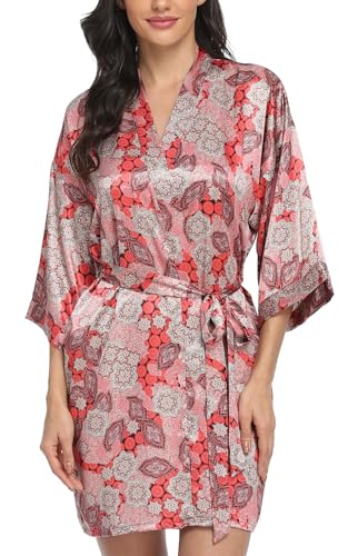 Women's Floral Satin Robes Bride Bridesmaid Getting Ready Robe Short Silky Kimono Sleepwear for Wedding Party - Image 5