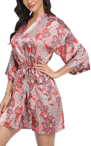 Women's Floral Satin Robes Bride Bridesmaid Getting Ready Robe Short Silky Kimono Sleepwear for Wedding Party - Image 6