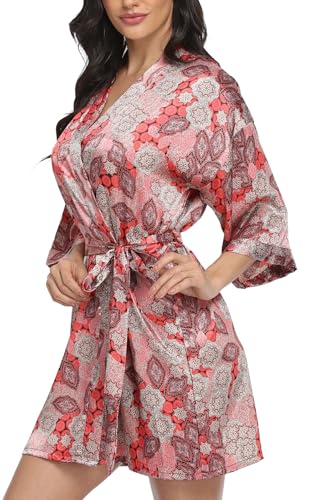 Women's Floral Satin Robes Bride Bridesmaid Getting Ready Robe Short Silky Kimono Sleepwear for Wedding Party - Image 7