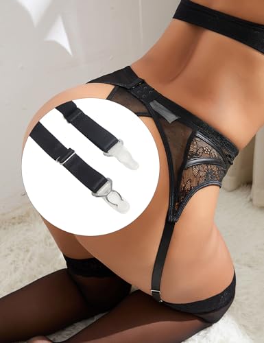 Womens Garter Belt Sexy Lace PU Leather Black Plus Size Suspender Garters Lingerie Thing Highs with 4 Straps Slip - Image 4