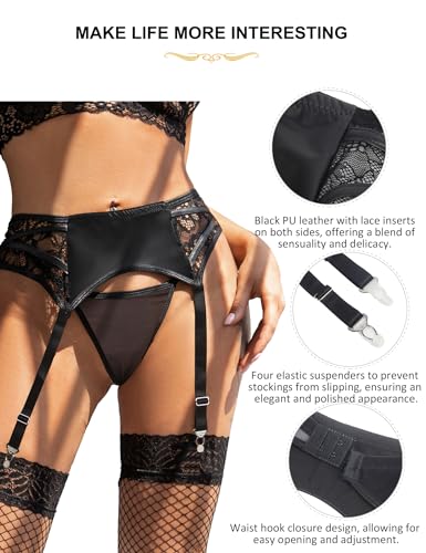 Womens Garter Belt Sexy Lace PU Leather Black Plus Size Suspender Garters Lingerie Thing Highs with 4 Straps Slip - Image 6