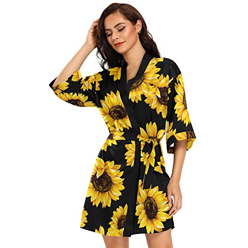 Women's Kimono Robes Sunflower Short Satin Bathrobe Soft Skin-friendly Sleepwear V-Neck Loungewear - Image 3