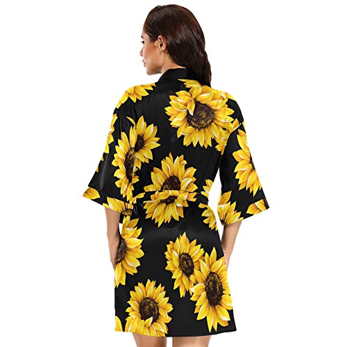Women's Kimono Robes Sunflower Short Satin Bathrobe Soft Skin-friendly Sleepwear V-Neck Loungewear - Image 4