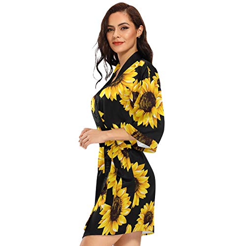 Women's Kimono Robes Sunflower Short Satin Bathrobe Soft Skin-friendly Sleepwear V-Neck Loungewear - Image 5