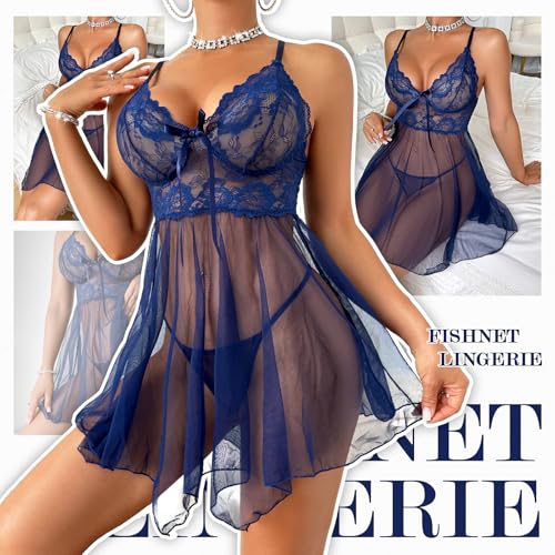 Women's Lingerie Sexy Lace Babydoll Dress Pajamas with Pantie Navy - Image 4
