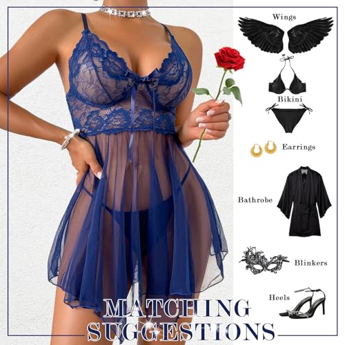 Women's Lingerie Sexy Lace Babydoll Dress Pajamas with Pantie Navy - Image 5