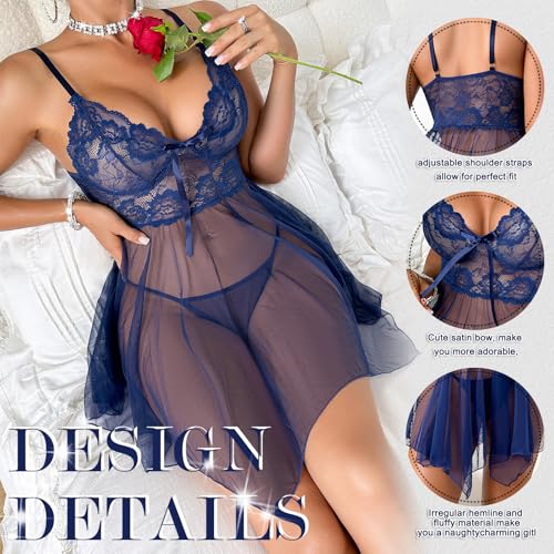 Women's Lingerie Sexy Lace Babydoll Dress Pajamas with Pantie Navy - Image 6