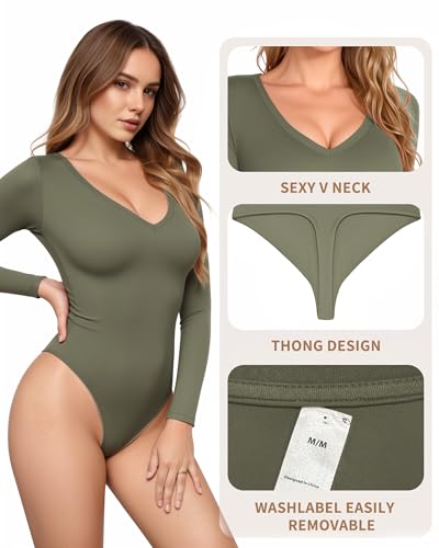 Womens Long Sleeve Body Suits V Neck Thong Bodysuit Shirts Sexy Fall Going Out Tops Y2K 2025 - Image 5