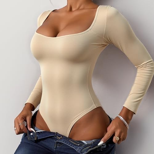 Womens Long Sleeve Bodysuit Square Neck Sexy Thong Body Suits Slim Fitted Tops for Fall Winter - Image 8