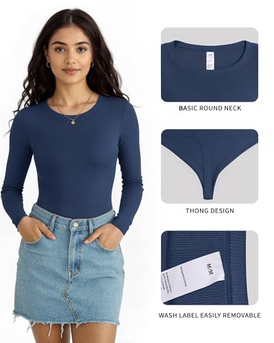 Womens Long Sleeve Crew Neck Body Suits Fall Ribbed Knit Thong Bodysuits Shirts Basic Tops 2025 - Image 5