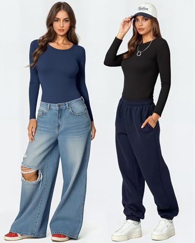 Womens Long Sleeve Crew Neck Body Suits Fall Ribbed Knit Thong Bodysuits Shirts Basic Tops 2025 - Image 6