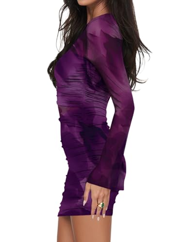 Women’s Long Sleeve Ruched Bodycon Mini Dress Sexy Mesh Printed Party Club Short Dress Clubwear - Image 4