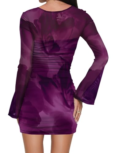 Women’s Long Sleeve Ruched Bodycon Mini Dress Sexy Mesh Printed Party Club Short Dress Clubwear - Image 5