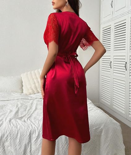 Women's Nightgown Sexy Sleepwear V Neck Lace Red Nightgown Pajamas Nightdress Nightwear Sexy Lingerie Dress Sleep - Image 4