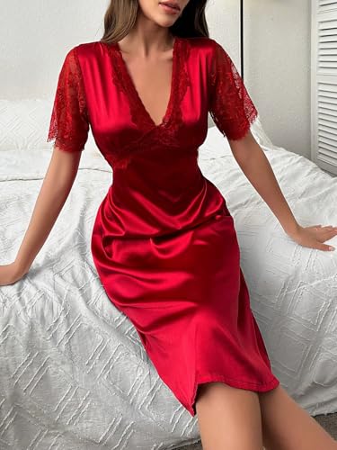 Women's Nightgown Sexy Sleepwear V Neck Lace Red Nightgown Pajamas Nightdress Nightwear Sexy Lingerie Dress Sleep - Image 5