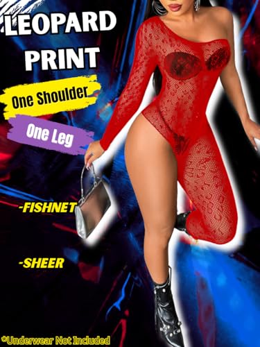 Alternative view of Womens One Shoulder Fishnet Bodysuit, Sexy Leopard Lace Jumpsuit Rave Club, Body Stockings Exotic Wear Dancer Outfits