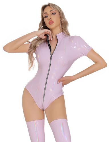 Women's PU Leather Wet Look Latex Leotard Bodysuit Short Sleeve High Cut Thong Zipper Clubwear - Image 5