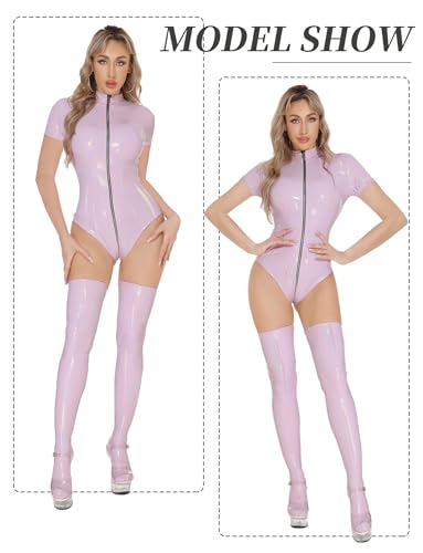 Women's PU Leather Wet Look Latex Leotard Bodysuit Short Sleeve High Cut Thong Zipper Clubwear - Image 6